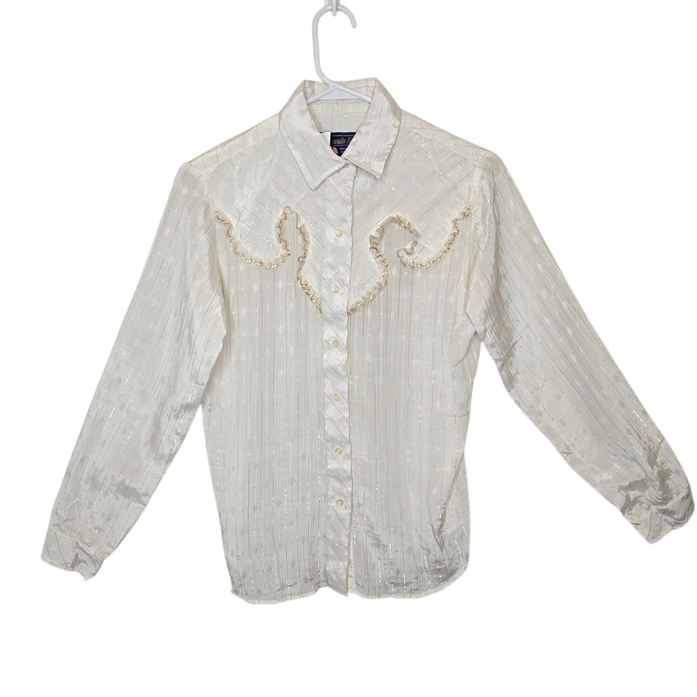 VTG 80s Panhandle Slim Womens Western Shirt Sz 12 White Lace Gold Trim Prairie - Picture 2 of 16